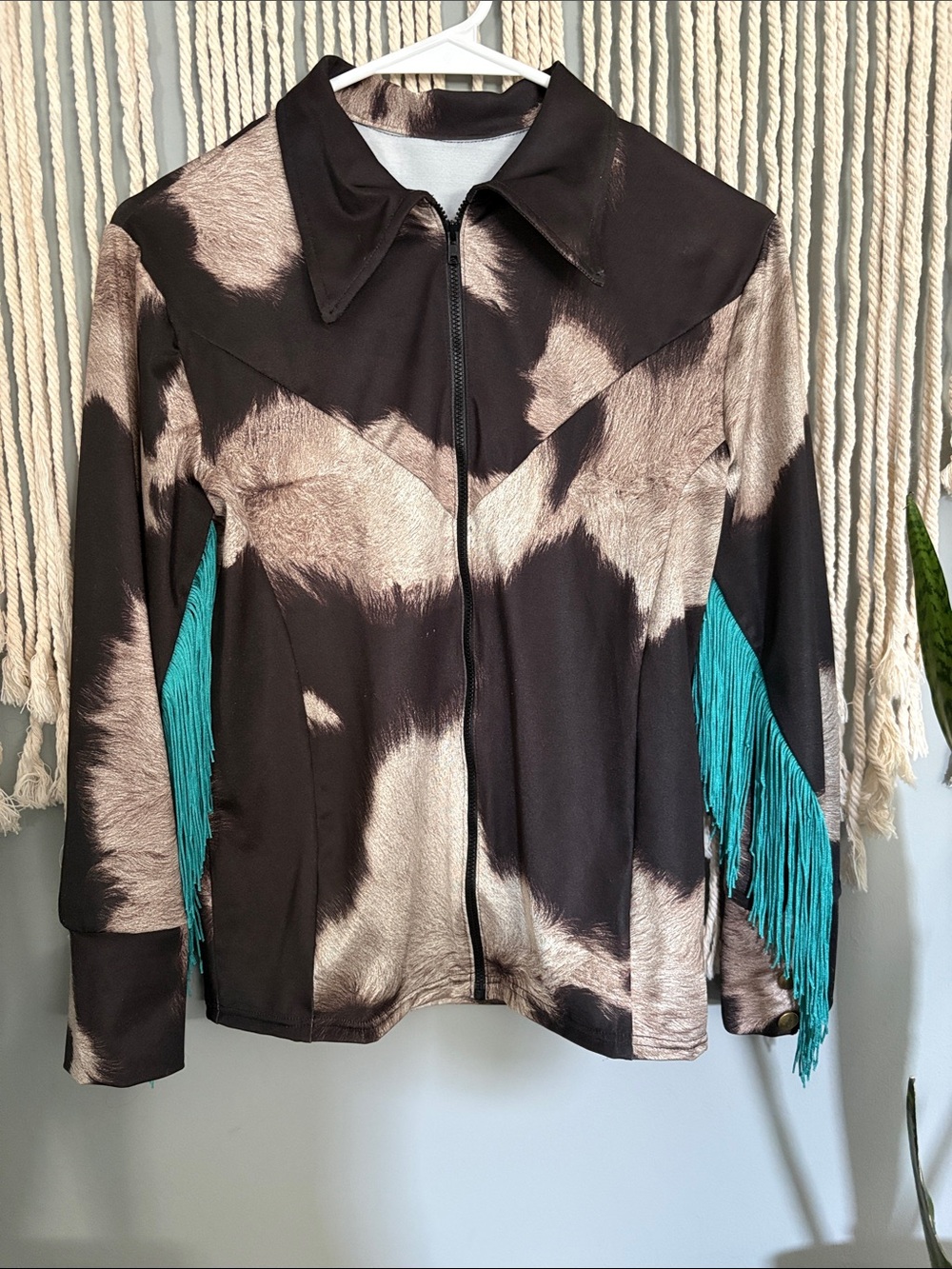 Custom Made Black & Taupe Abstract Fringe Zip Jacket with Teal Fringe - Picture 2 of 6